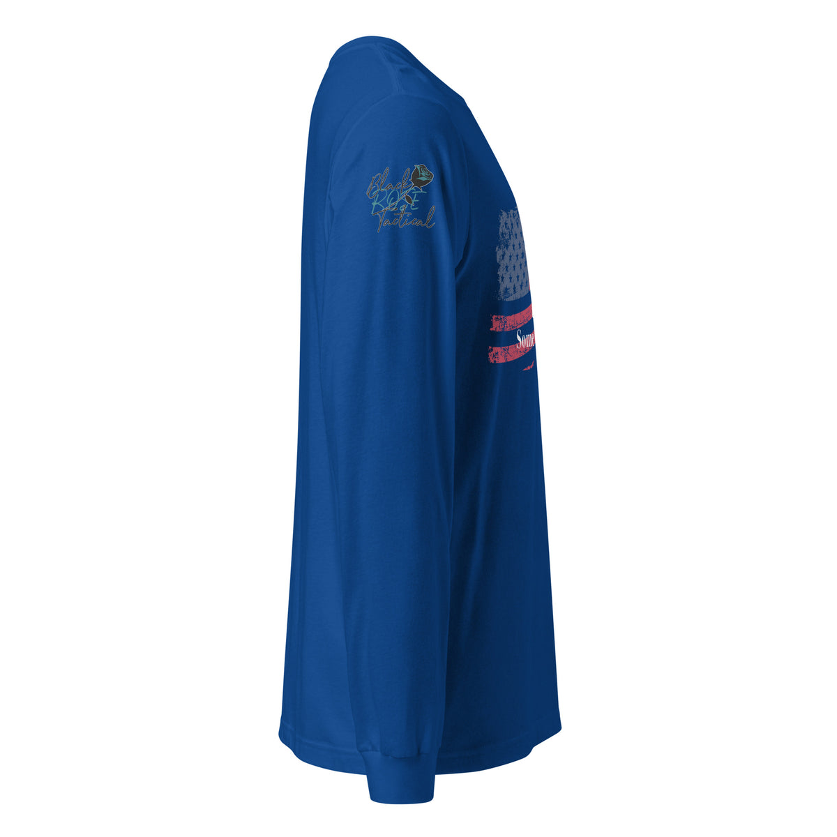 Side-angle view of unisex patriotic long sleeve tee right sleeve blue
