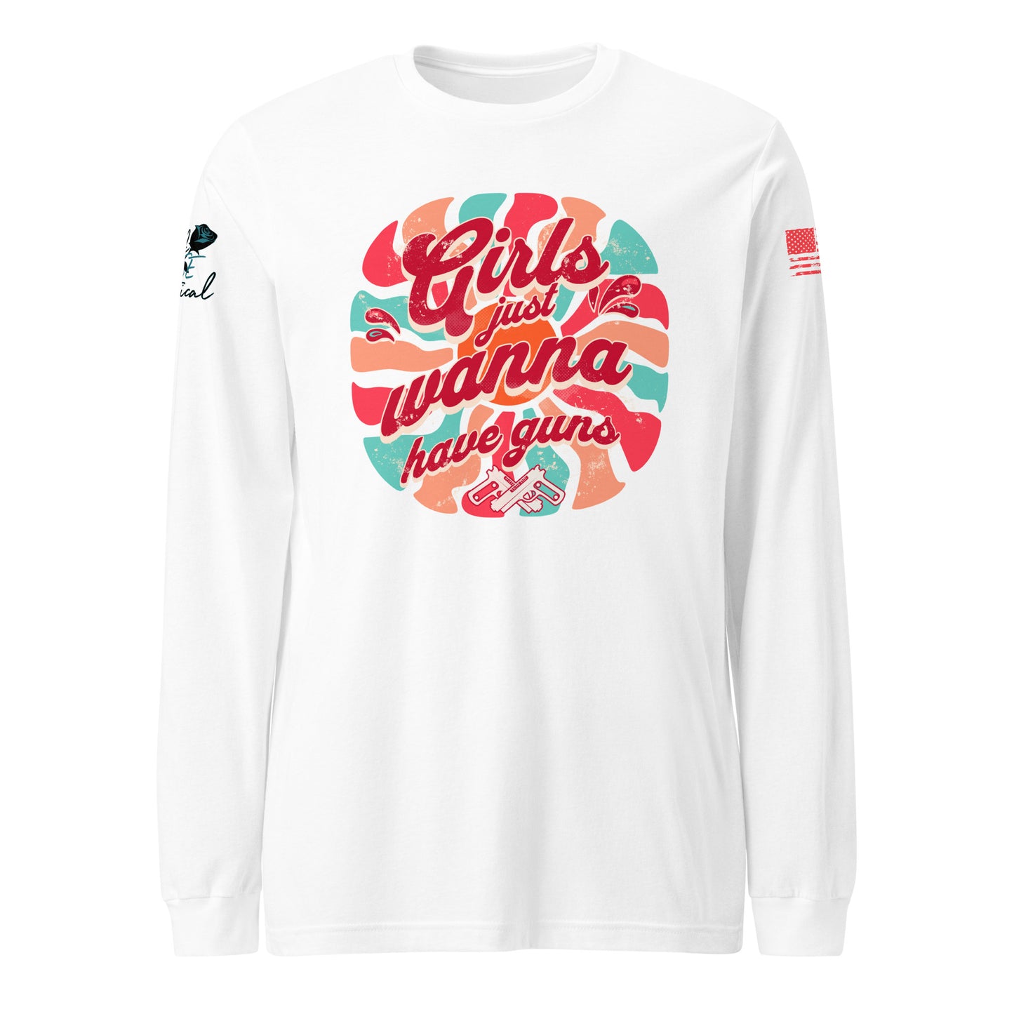 Close-up of Girls Wanna Have Guns slogan on soft combed cotton long sleeve shirt