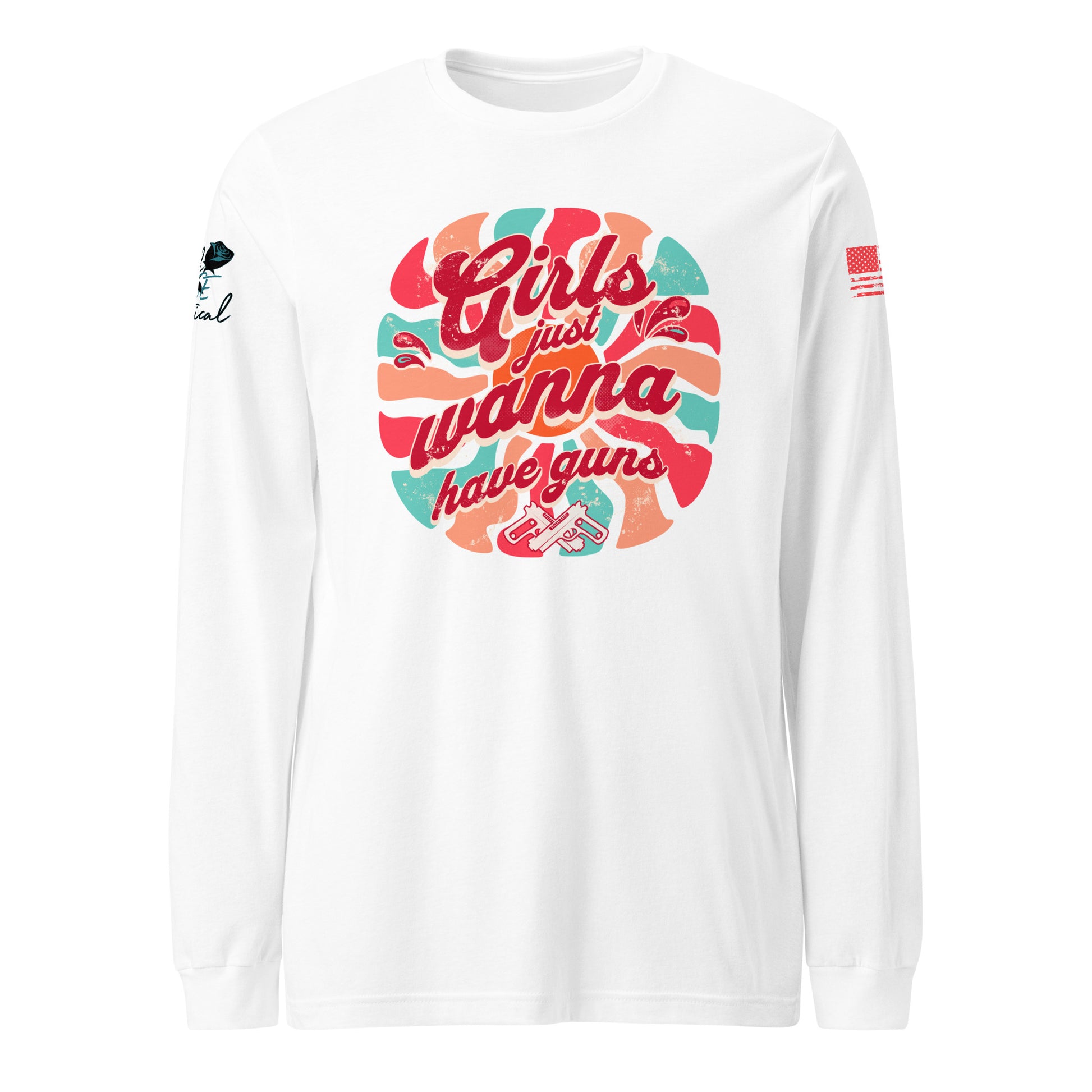 Close-up of Girls Wanna Have Guns slogan on soft combed cotton long sleeve shirt