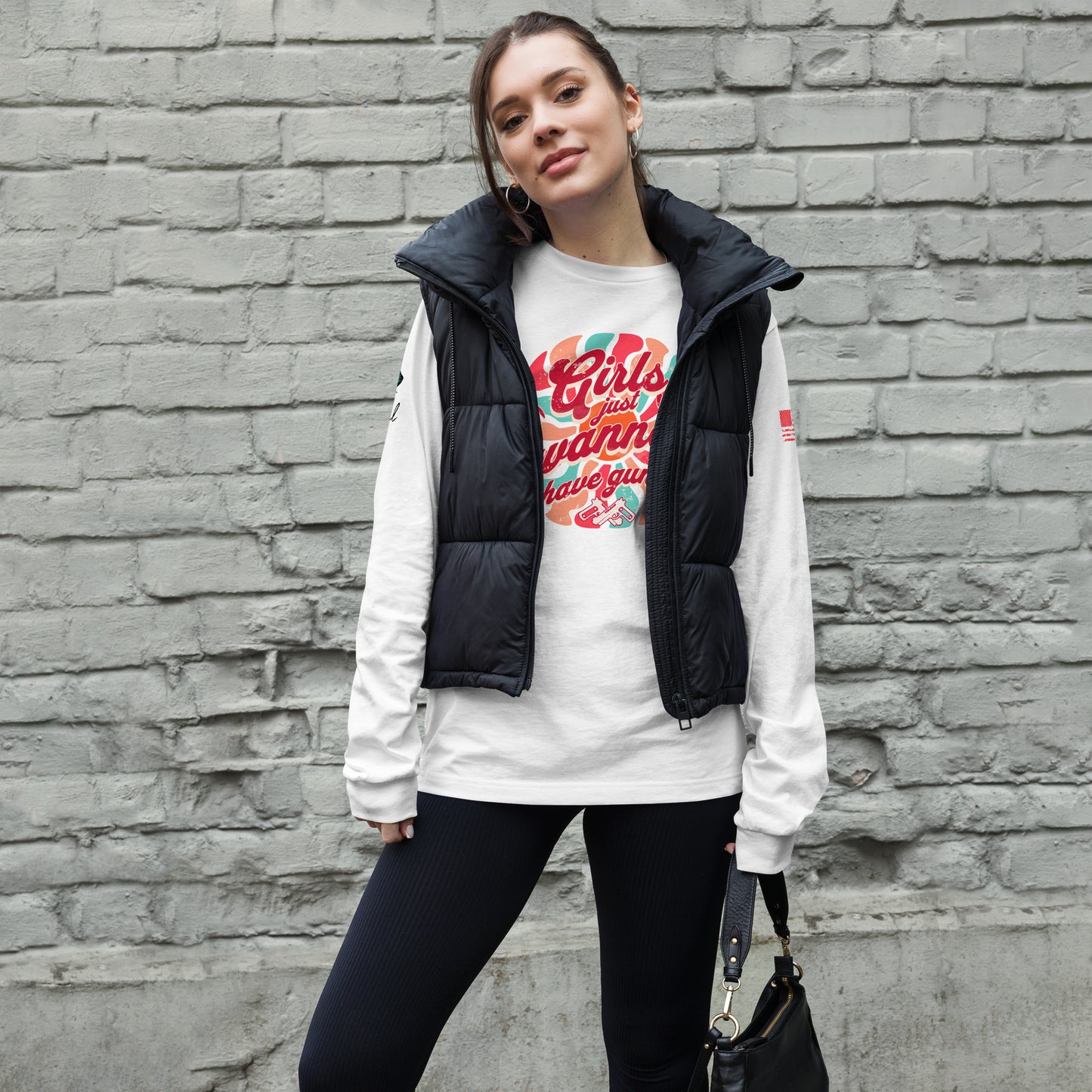 Casual street style with Girls Wanna Have Guns shirt paired with leggings