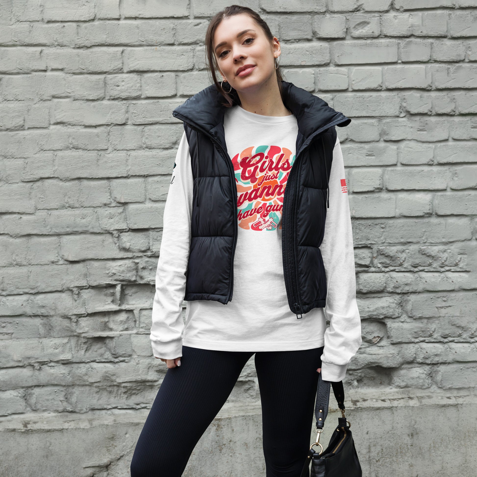 Casual street style with Girls Wanna Have Guns shirt paired with leggings