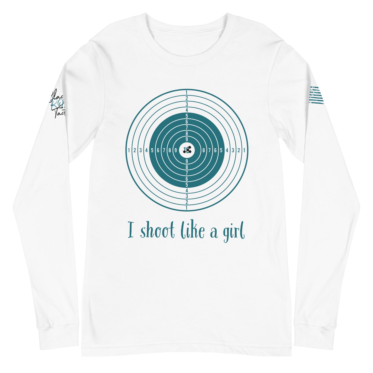 Close-up of I Shoot Like a Girl graphic on white long sleeve tee