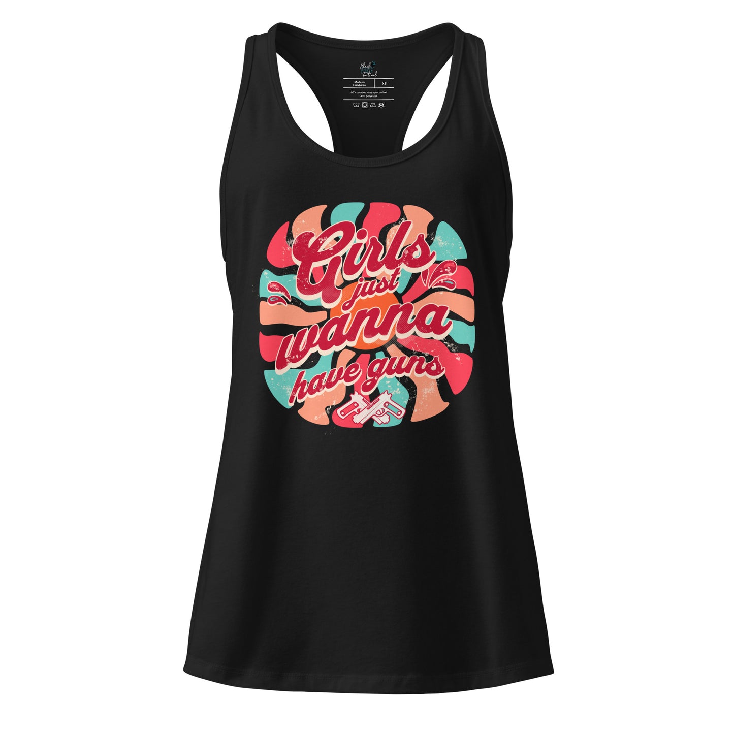 Front view of black Girls Just Wanna Have Guns racerback tank.