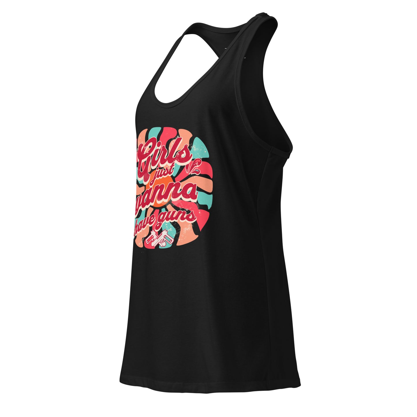 Close-up of slogan design on fitted cotton polyester tank top.