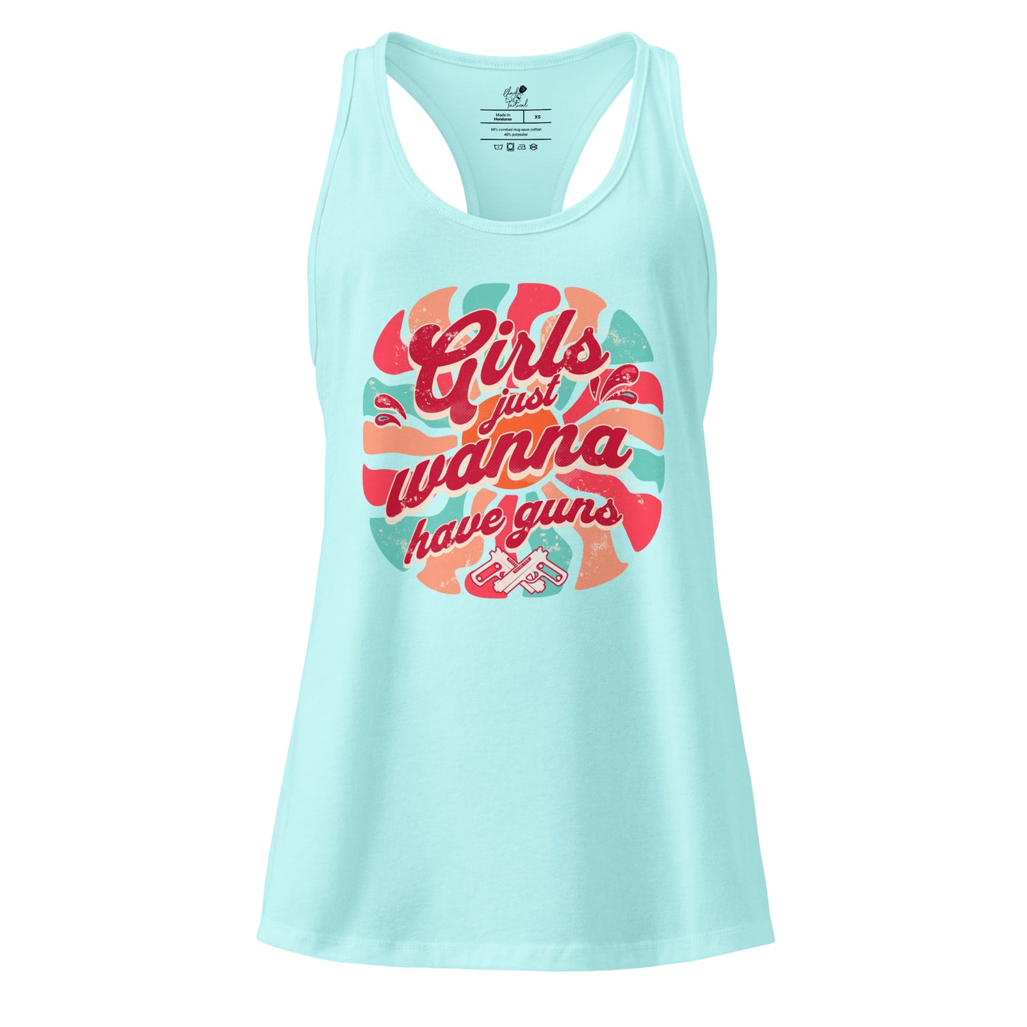 Light blue tank top with colorful graphic design on a white background