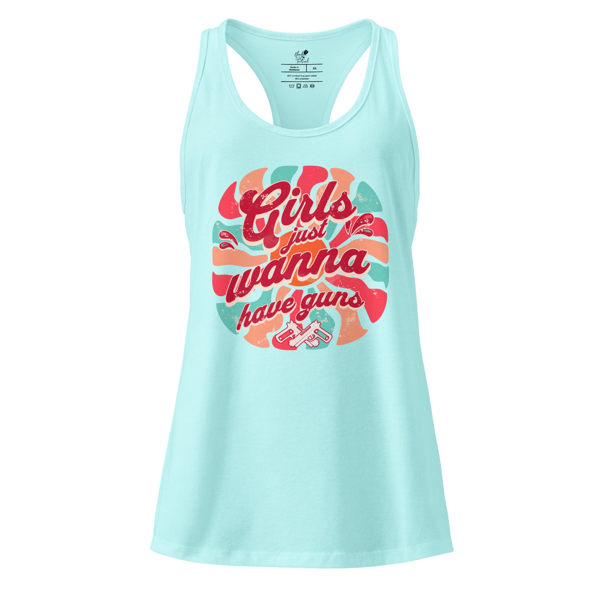 Light blue tank top with colorful graphic design on a white background