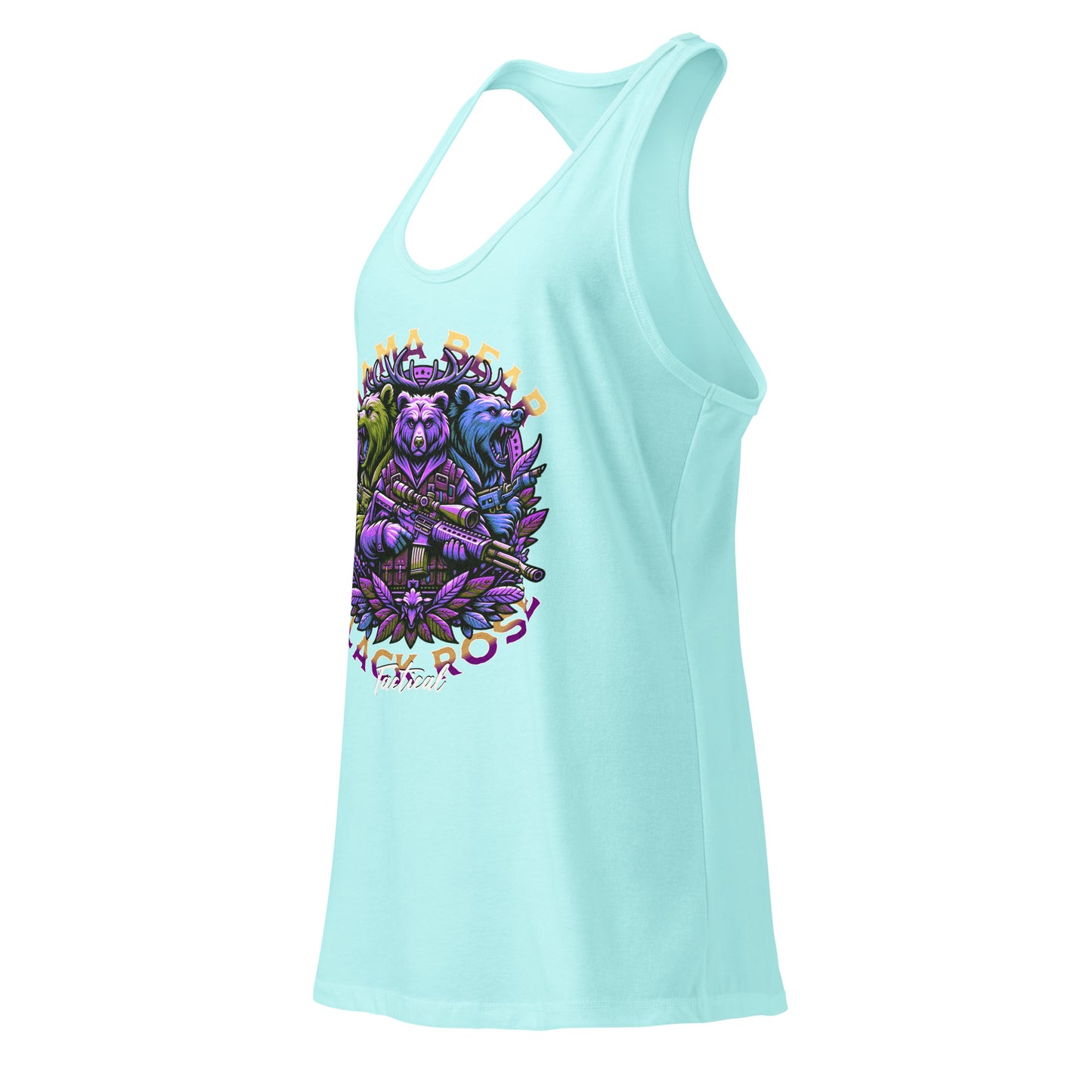 Mom lounging at home in Mama Bear tank top, soft fitted racerback casual shirt