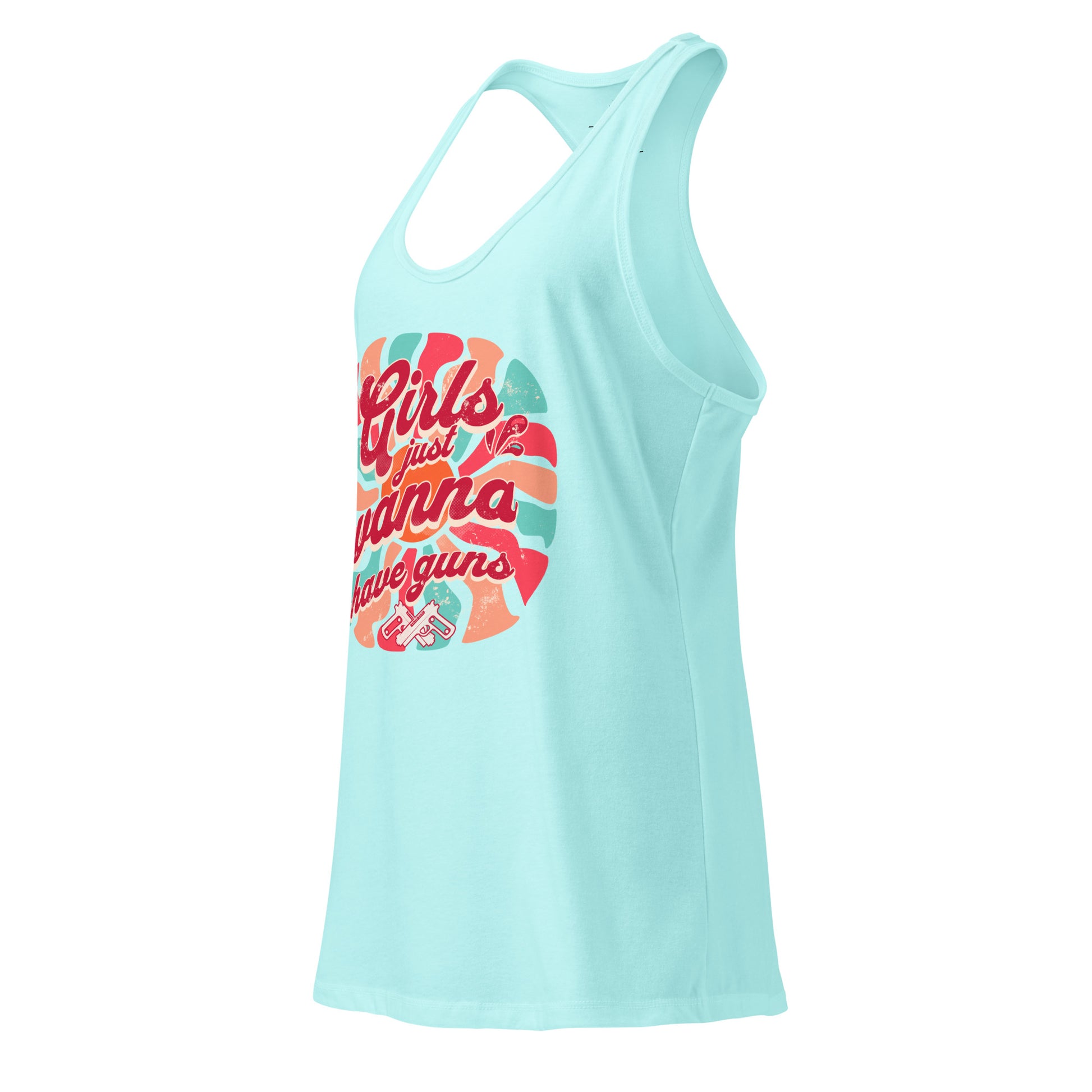 Light blue tank top with colorful graphic design on a white background