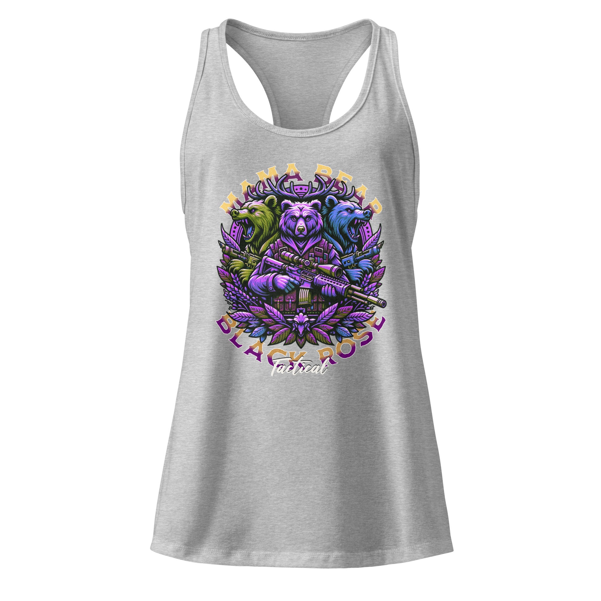 Mom lifting weights in Mama Bear racerback tank, breathable fitness top for women