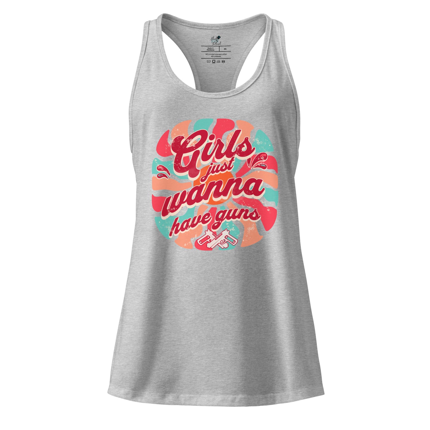 Gray tank top with colorful graphic design on a white background