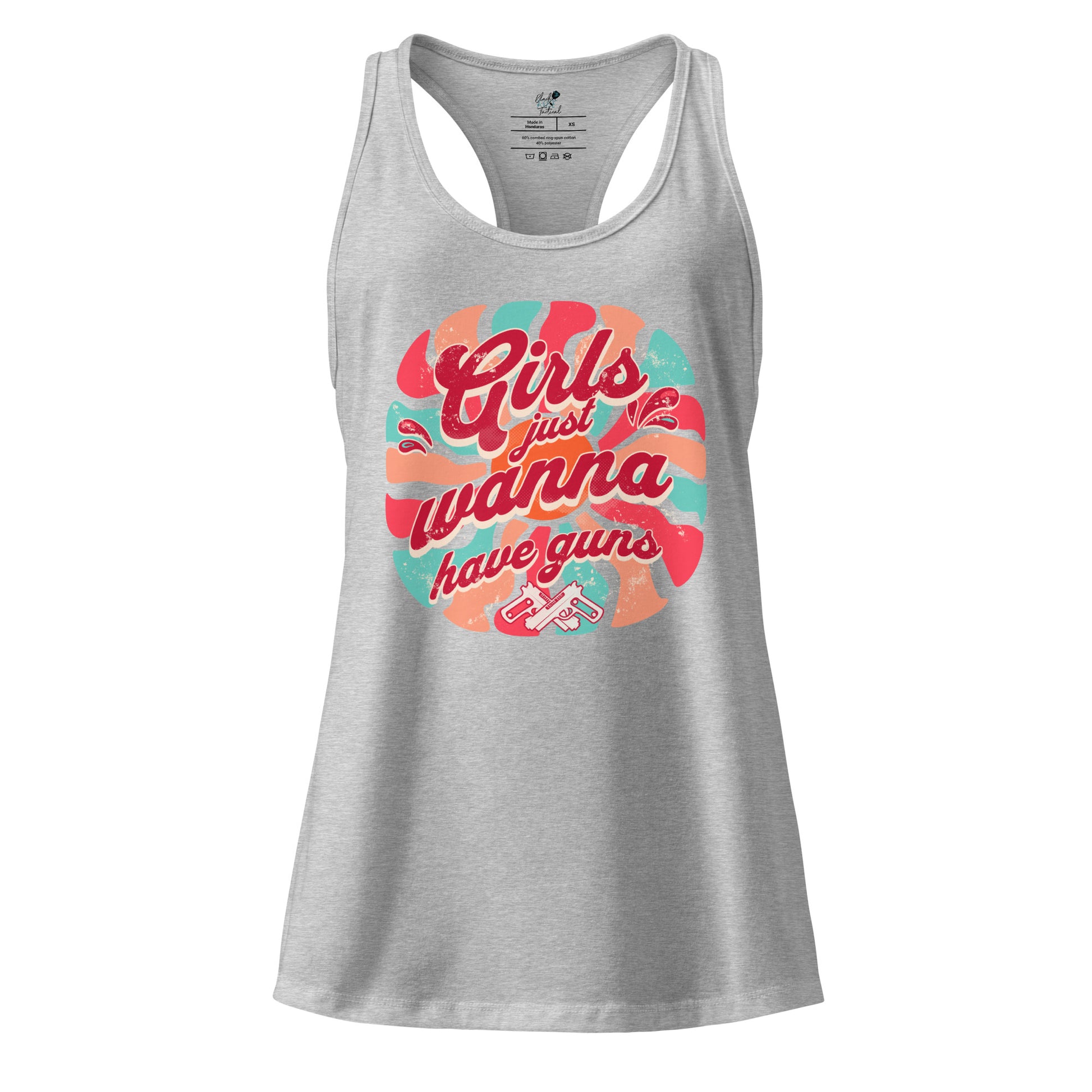 Gray tank top with colorful graphic design on a white background