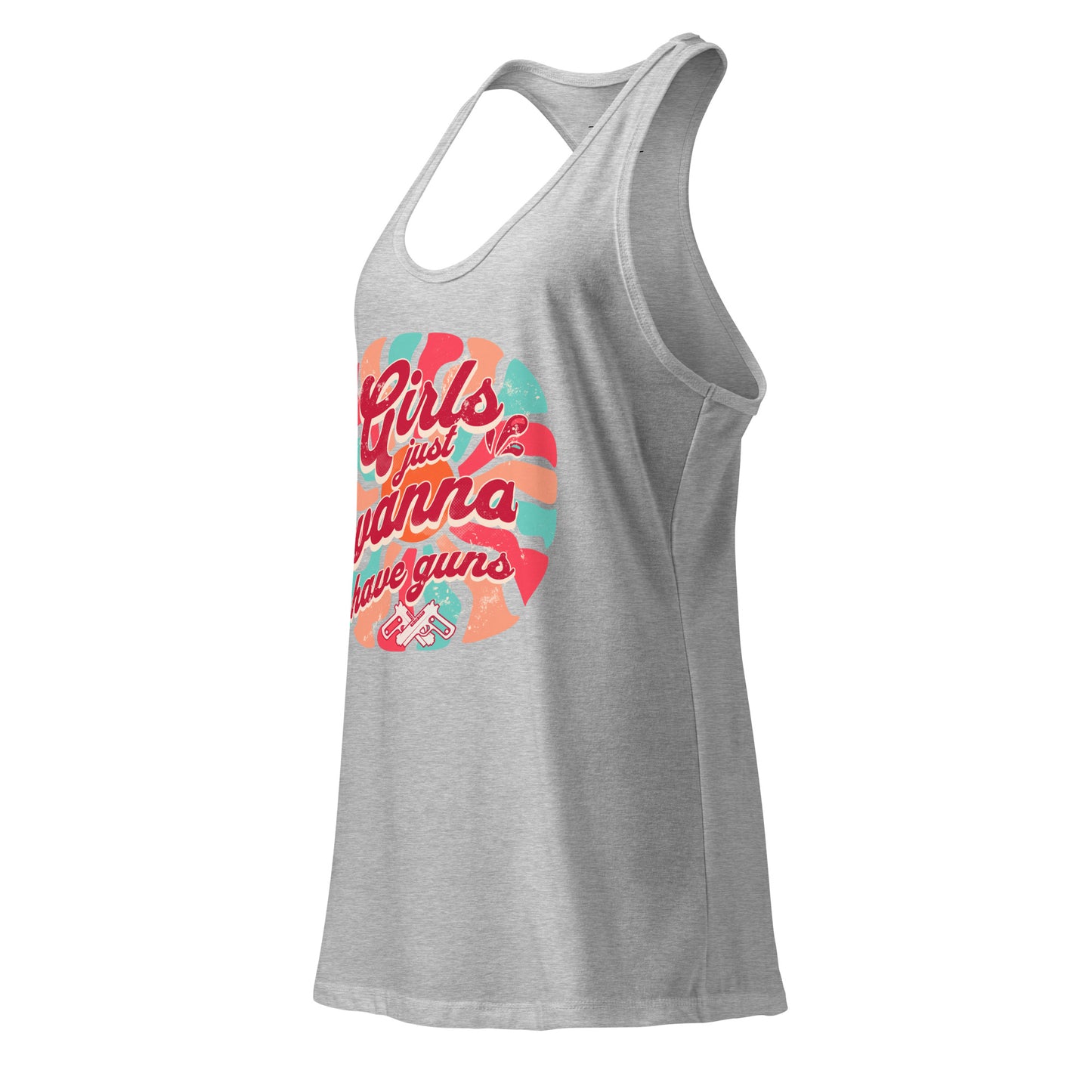Gray tank top with colorful graphic design on a white background