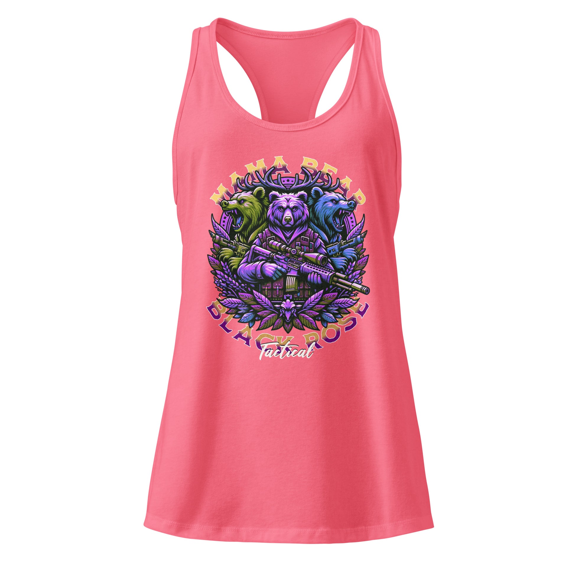 Mama Bear racerback tank top flat lay, cotton polyester blend fitness shirt for women