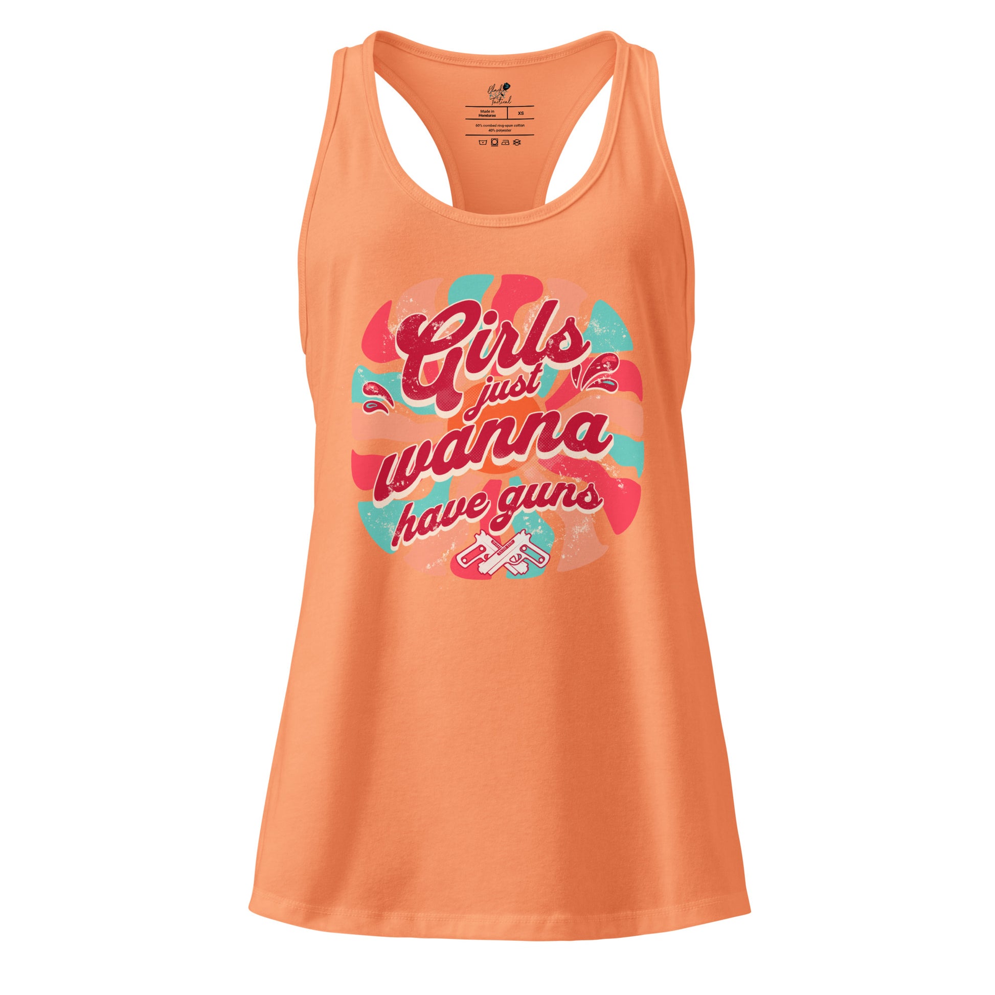 Orange tank top with colorful graphic text on a white background