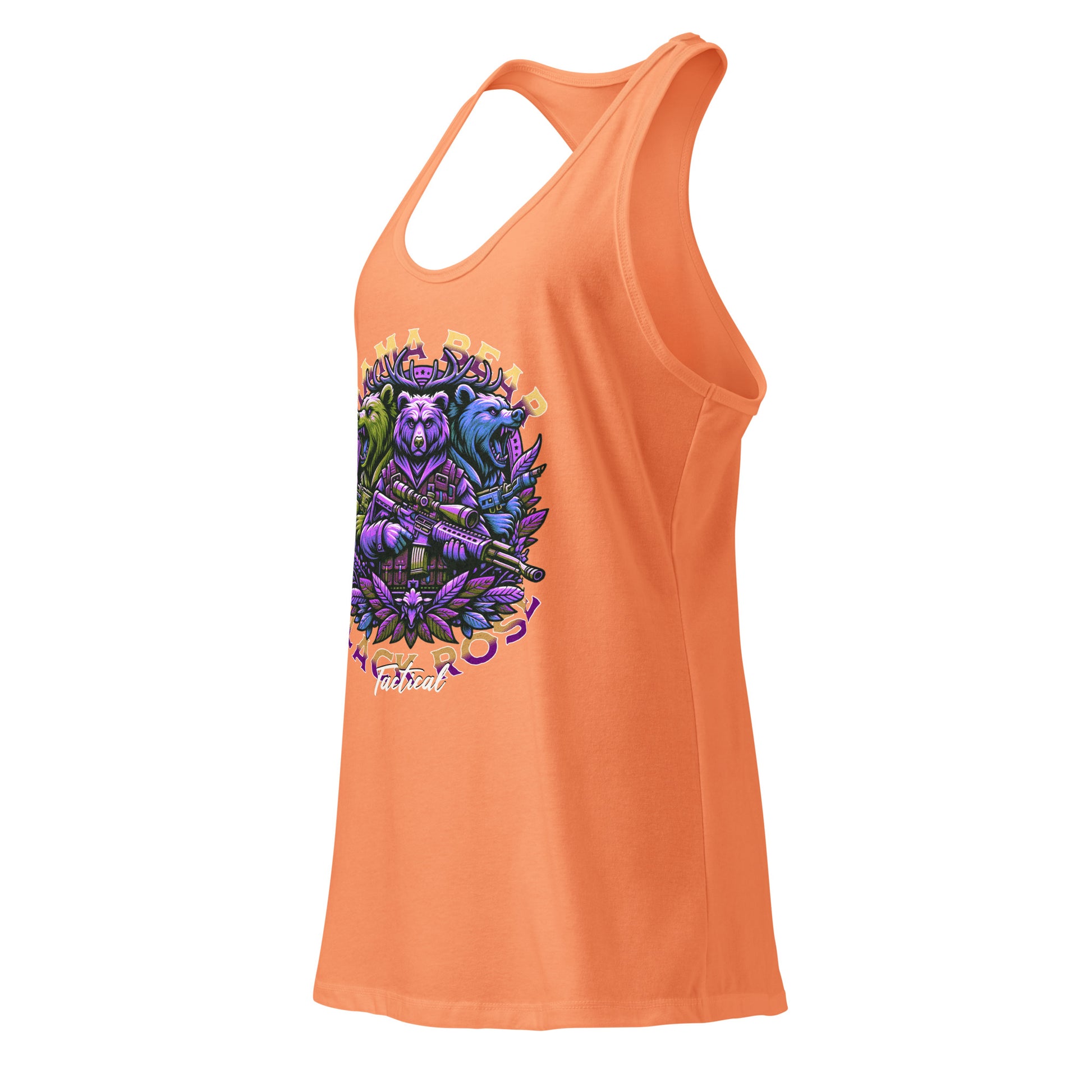 Woman wearing Mama Bear tank top at the gym, fitted racerback workout shirt for moms