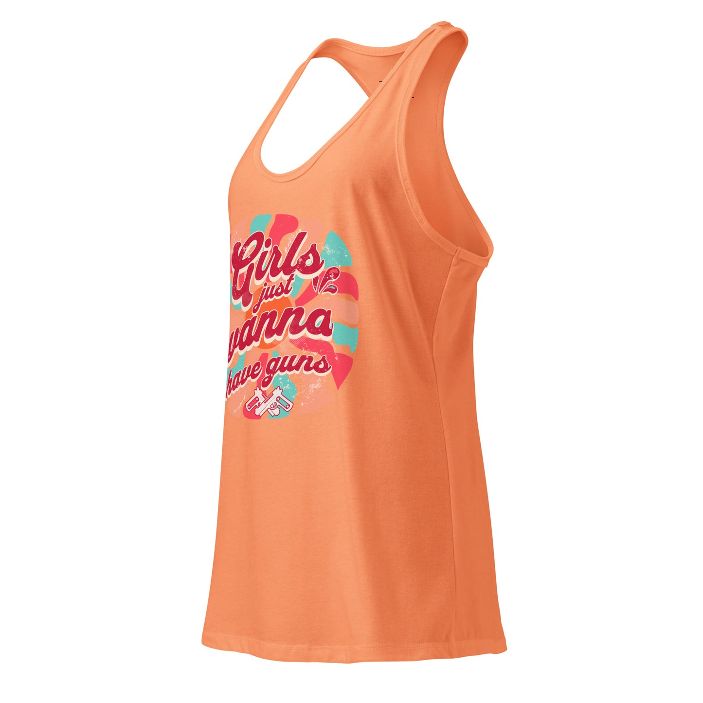 Orange tank top with colorful graphic design on a white background