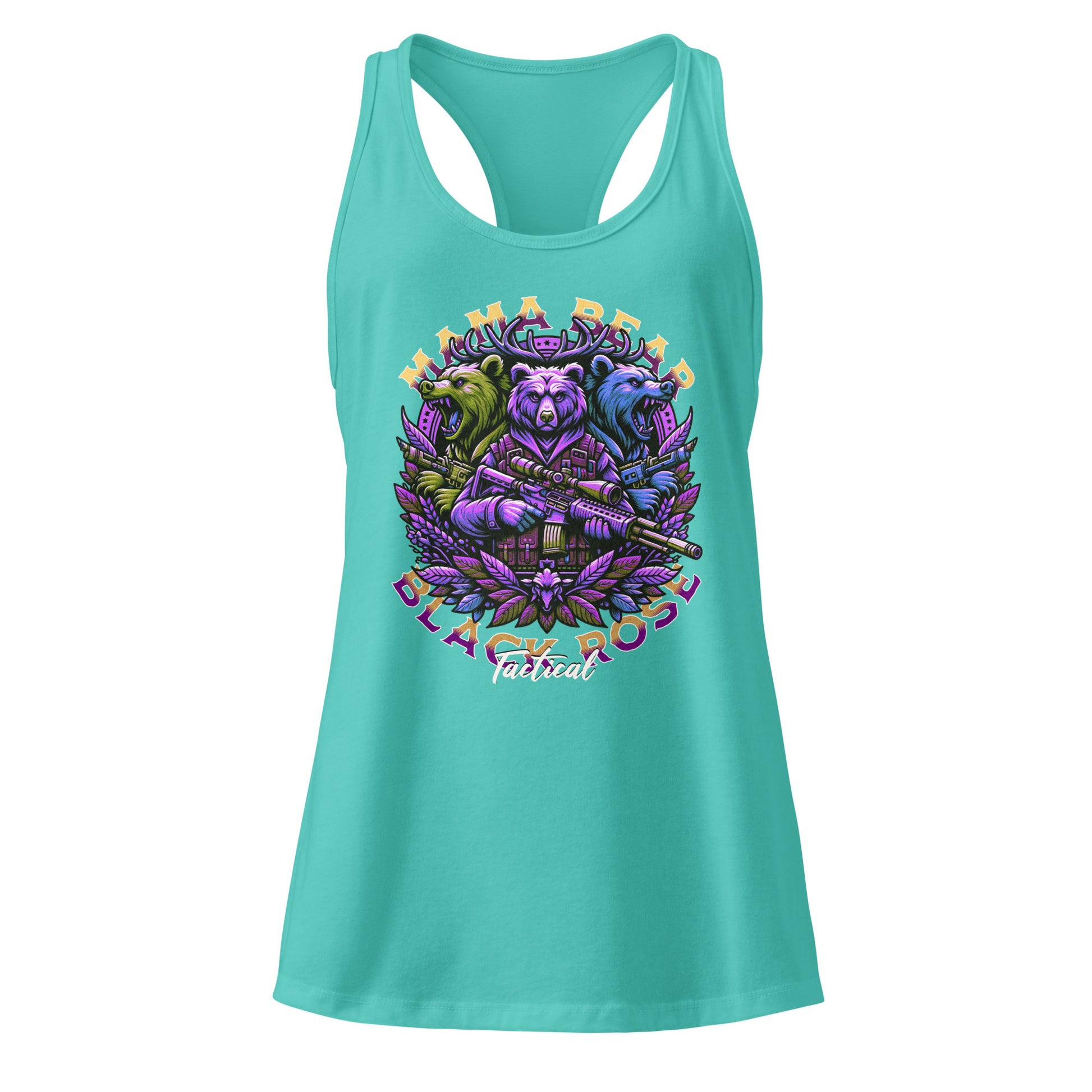 Mama Bear tank top in black racerback style, soft cotton blend, fitted women’s workout shirt