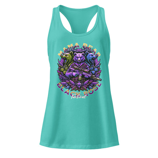 Mama Bear tank top in black racerback style, soft cotton blend, fitted women’s workout shirt