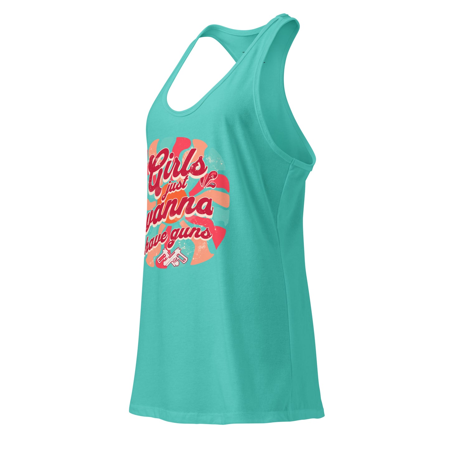 Turquoise tank top with colorful graphic design on a white background