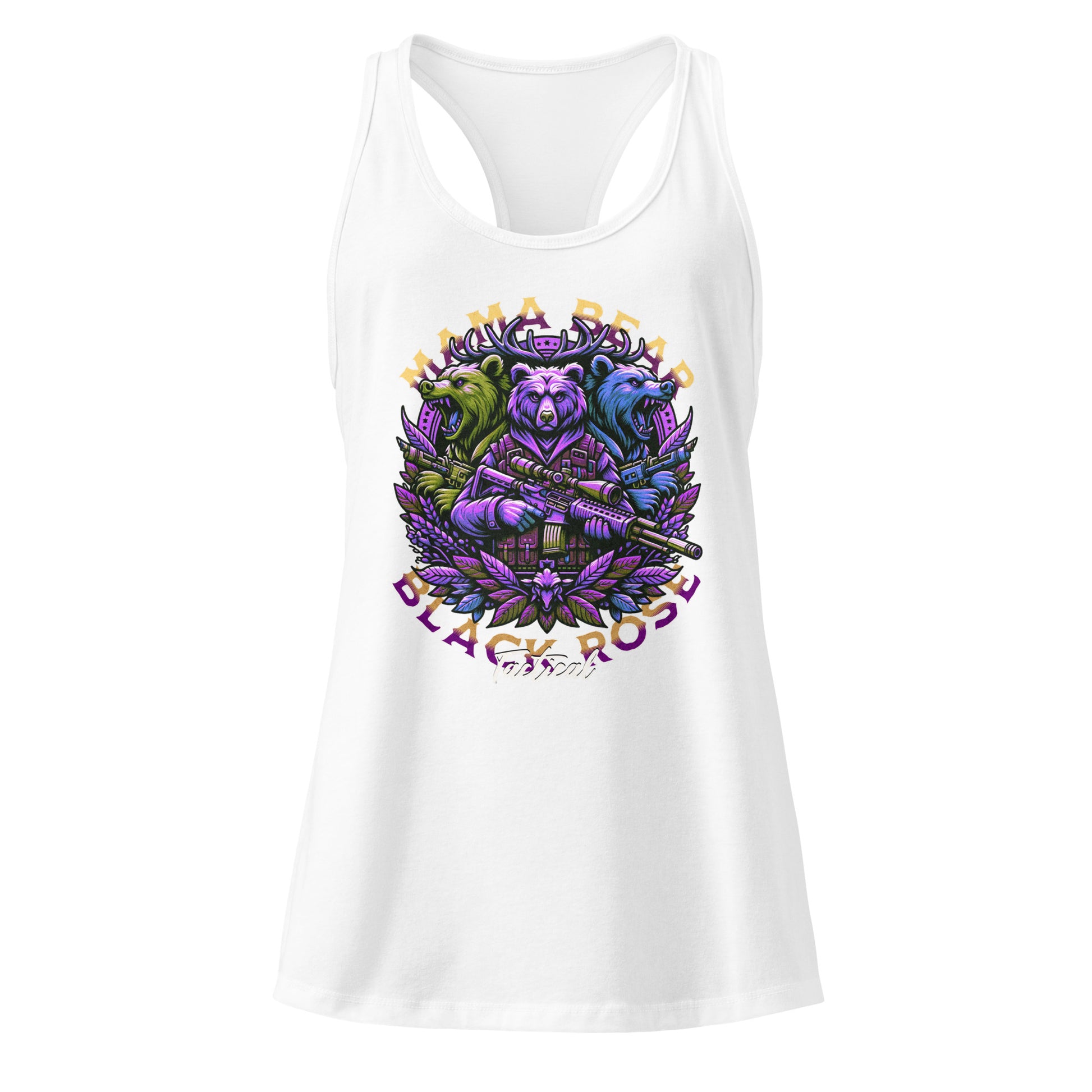 White tank top with a colorful graphic design on a white background