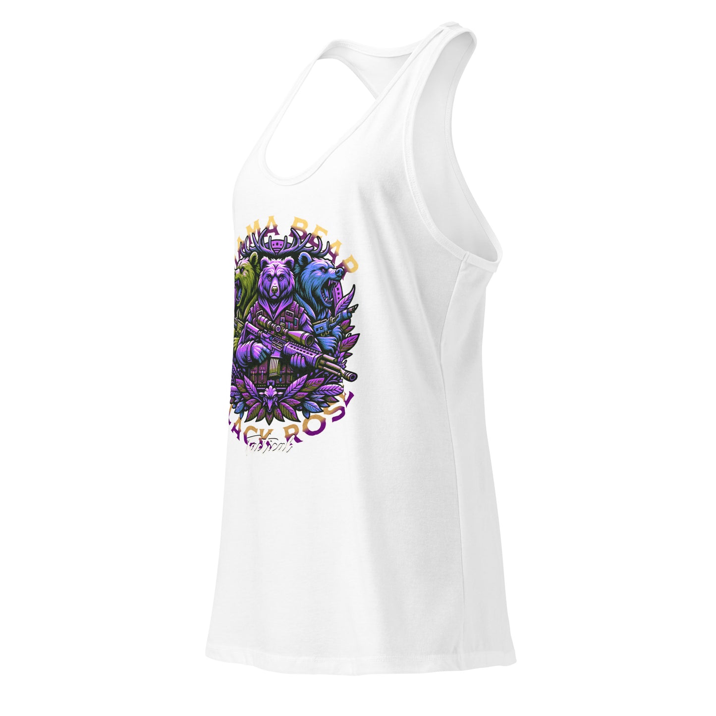 White tank top with colorful graphic design on a white background