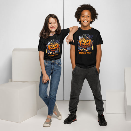 Kids Trigger Treat Halloween T-shirt with witch gun design, perfect for trick-or-treating and spooky season.