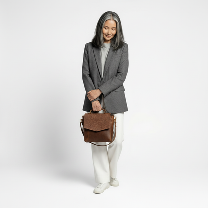 Woman holding a brown leather bag against a white background