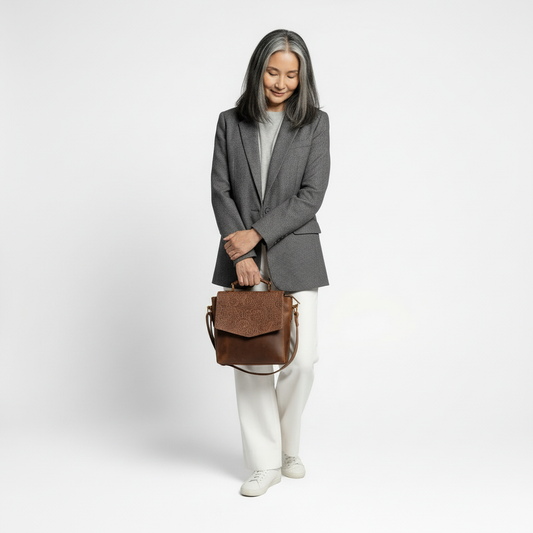 Woman holding a brown leather bag against a white background