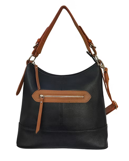 Black cowhide leather concealed carry purse with brown accents