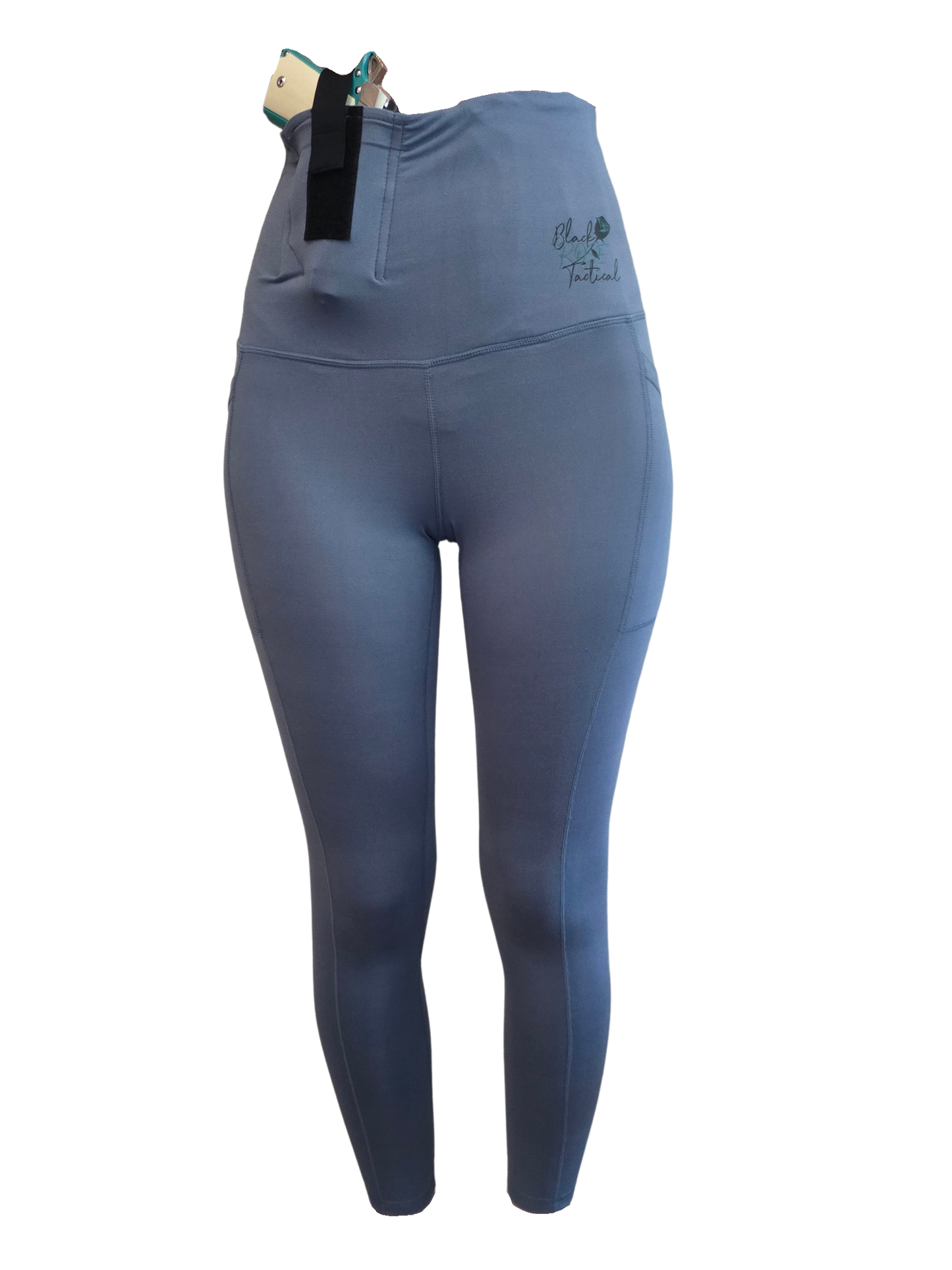 Blue leggings with a black waistband on a white background