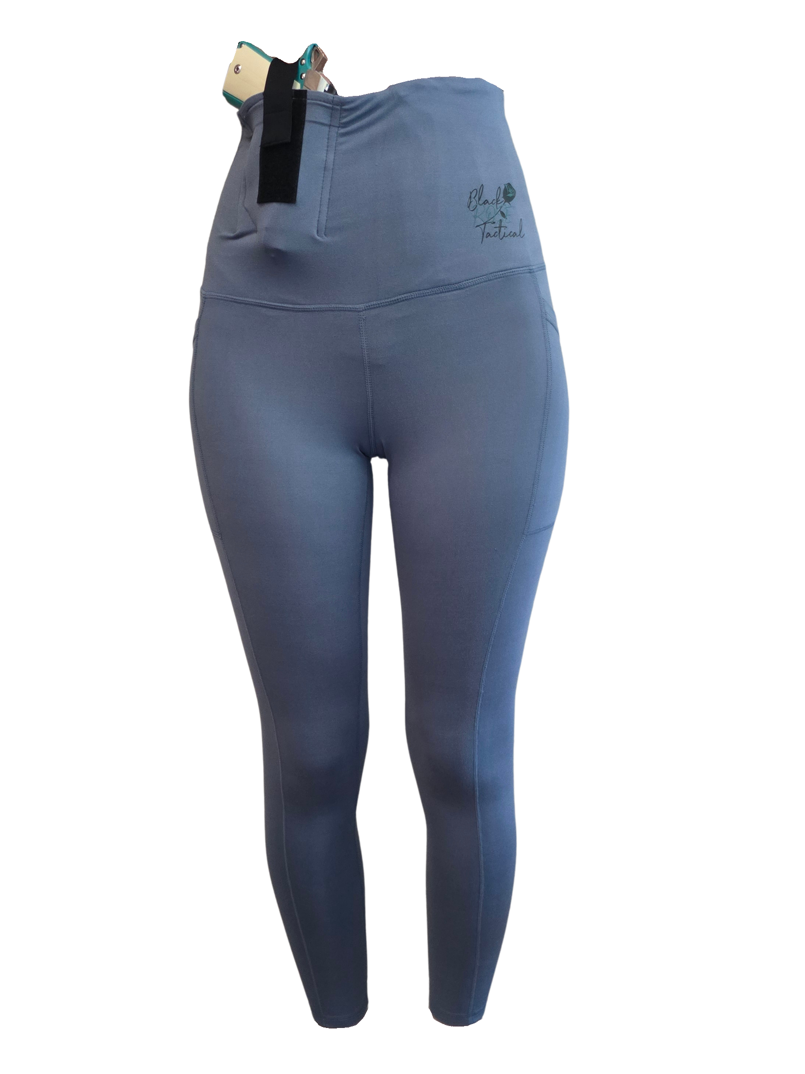 Blue leggings with a black waistband on a white background