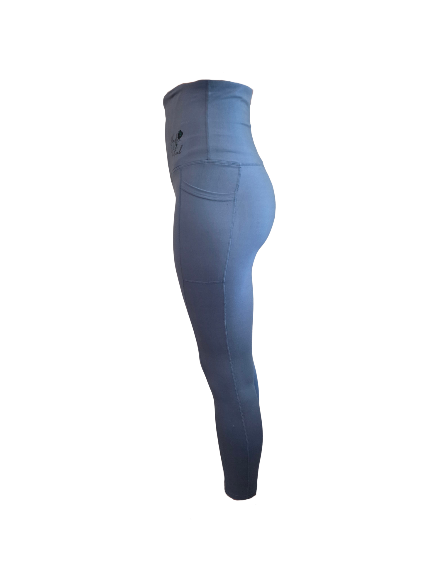 Blue leggings with a pocket on a white background
