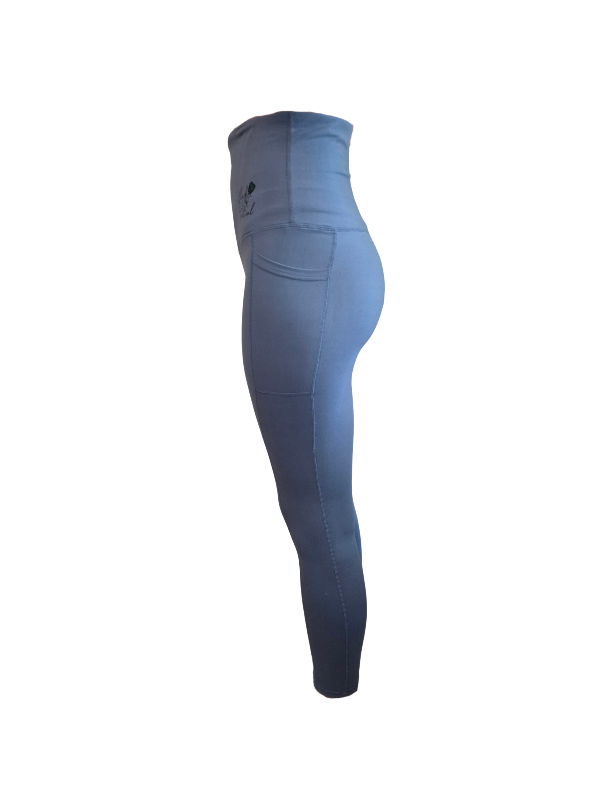 Blue leggings with a pocket on a white background