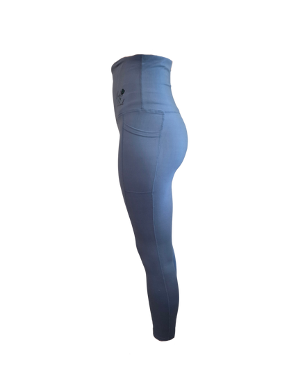 Blue leggings with a pocket on a white background