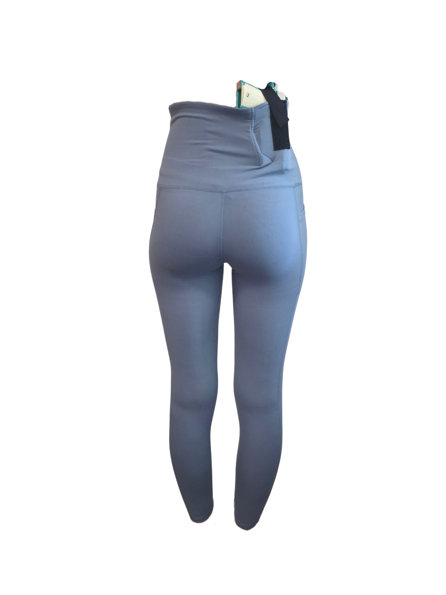 Blue leggings with a black waistband on a white background