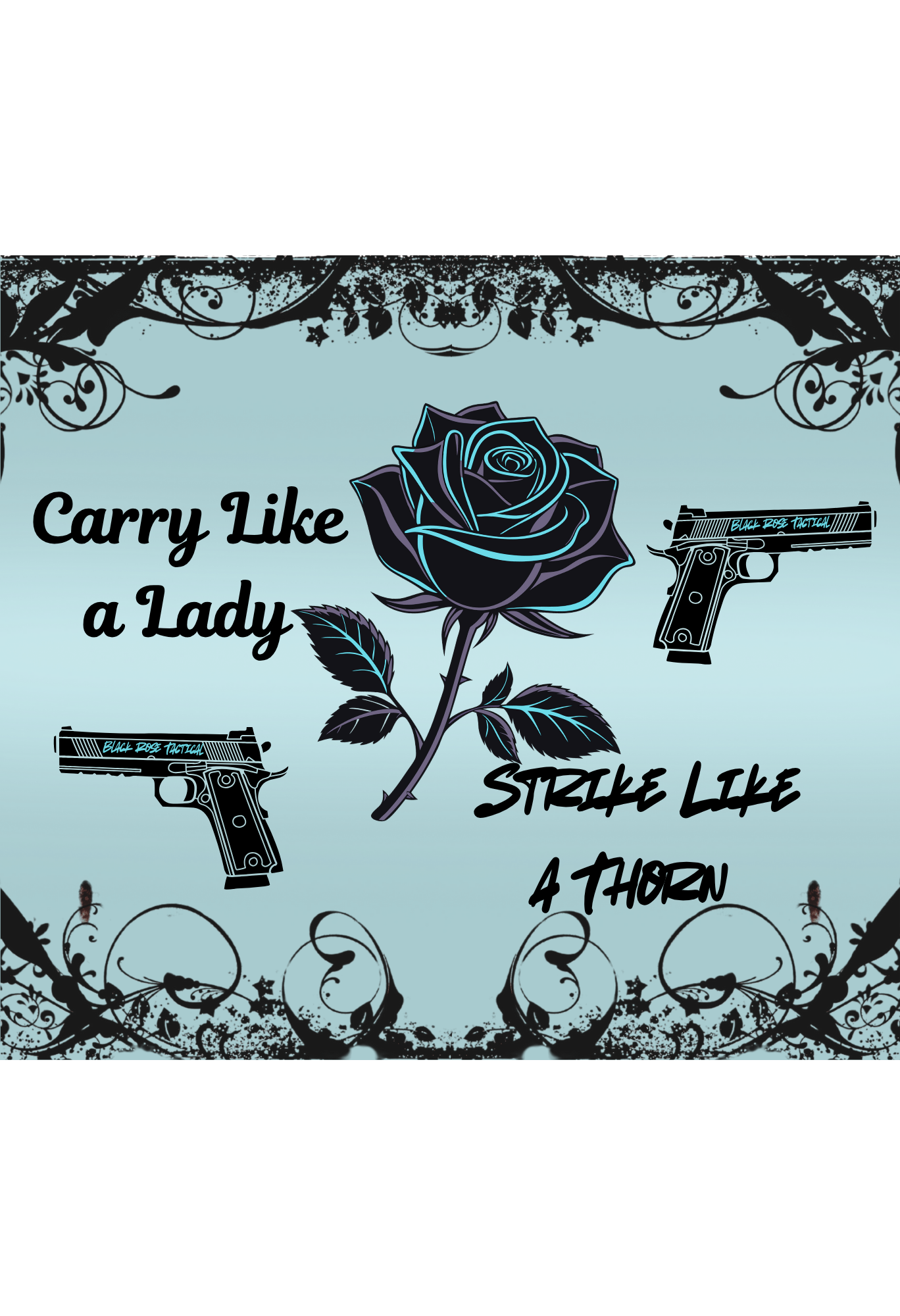 Design with roses and guns on a light blue background