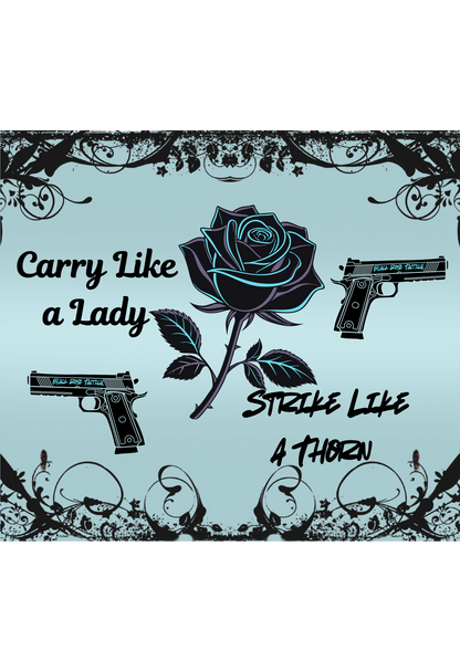 Design with roses and guns on a light blue background