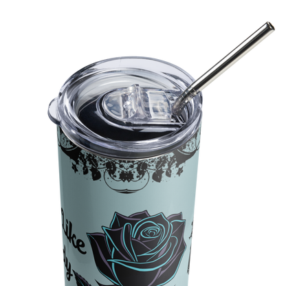 Carry Like a Lady tumbler with rose and pistol artwork, clear lid, straw, and cleaner