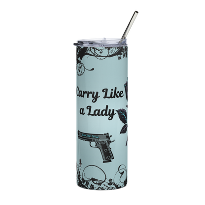 Carry Like a Lady Strike Like a Thorn tumbler with gun and rose design, includes straw and lid