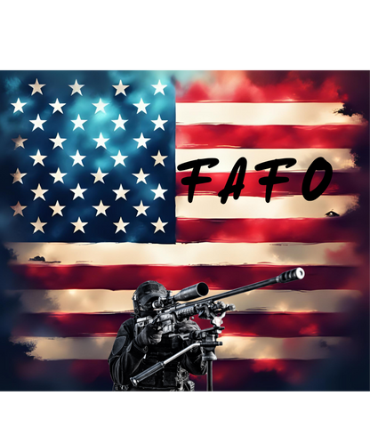American flag with 'FAFO' text and a person holding a rifle in silhouette.