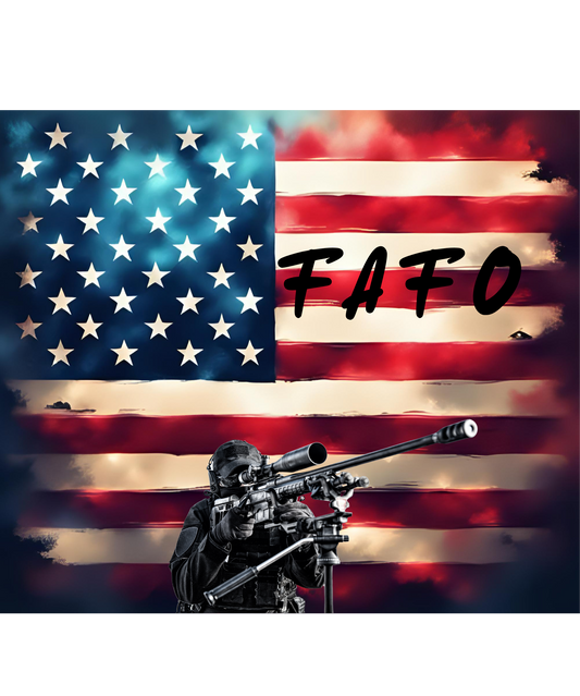 American flag with 'FAFO' text and a person holding a rifle in silhouette.
