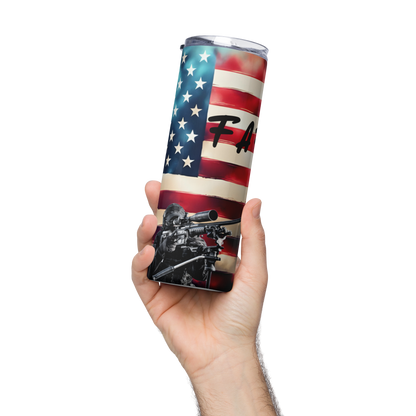 Tumbler with American flag design held by a hand on a white background