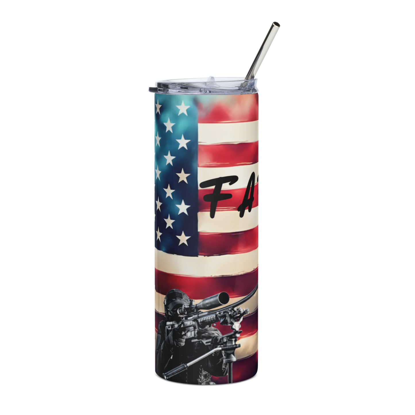 FAFO tumbler with American flag background and sniper graphic, includes straw and cleaner