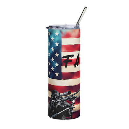 FAFO tumbler with American flag background and sniper graphic, includes straw and cleaner
