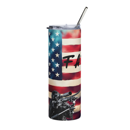 FAFO tumbler with American flag background and sniper graphic, includes straw and cleaner