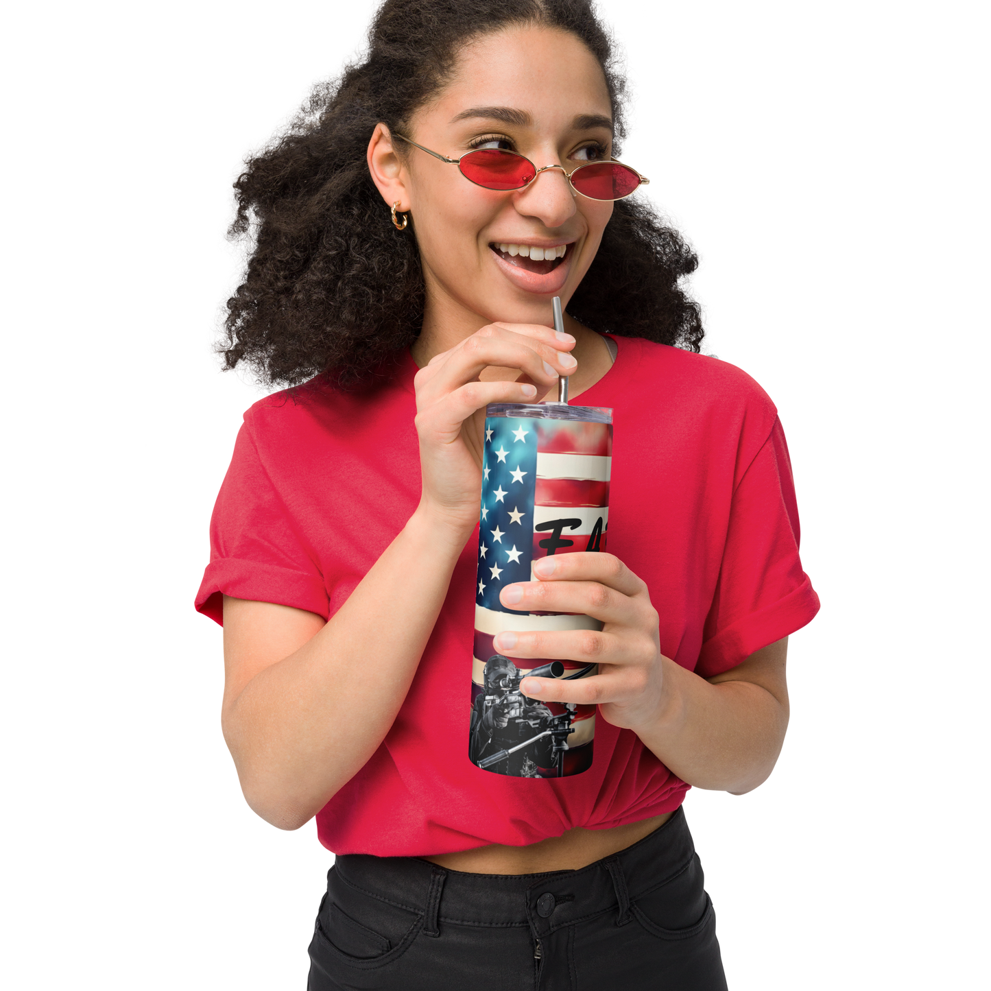 Patriotic FAFO 20oz cup with clear lid, straw, and sniper design