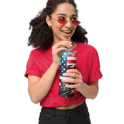 Patriotic FAFO 20oz cup with clear lid, straw, and sniper design