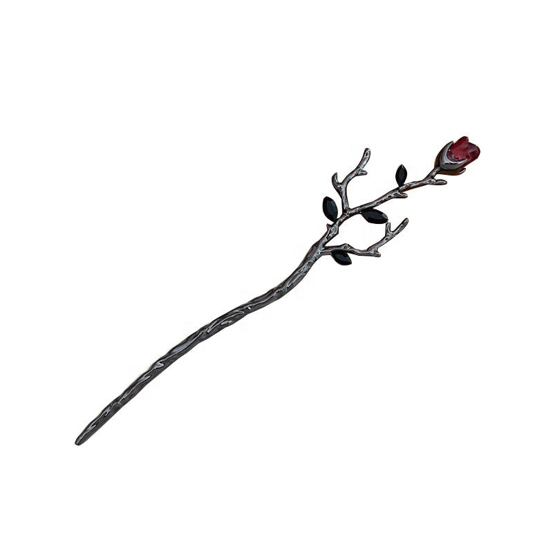 Red rose metal hair stick with branch and thorn design