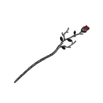 Red rose metal hair stick with branch and thorn design