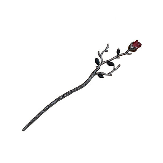 Red rose metal hair stick with branch and thorn design